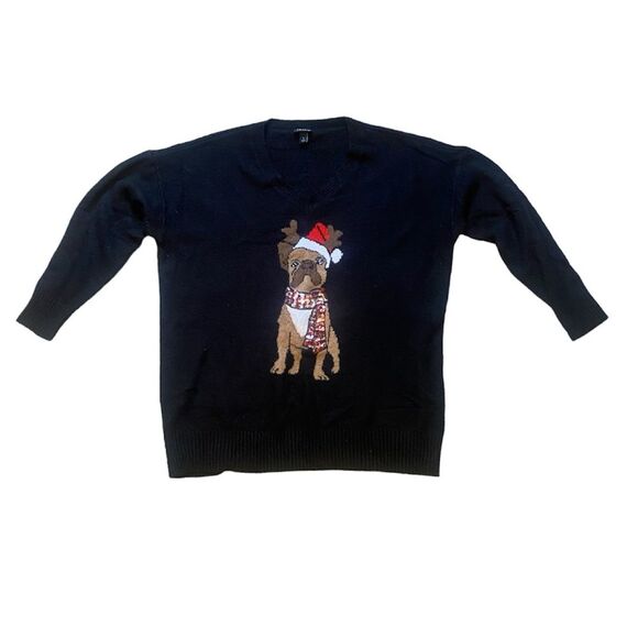 Torrid Frenchie Christmas Pullover Slouchy V-Neck Tunic Sweater Black Size 1X - Picture 2 of 5